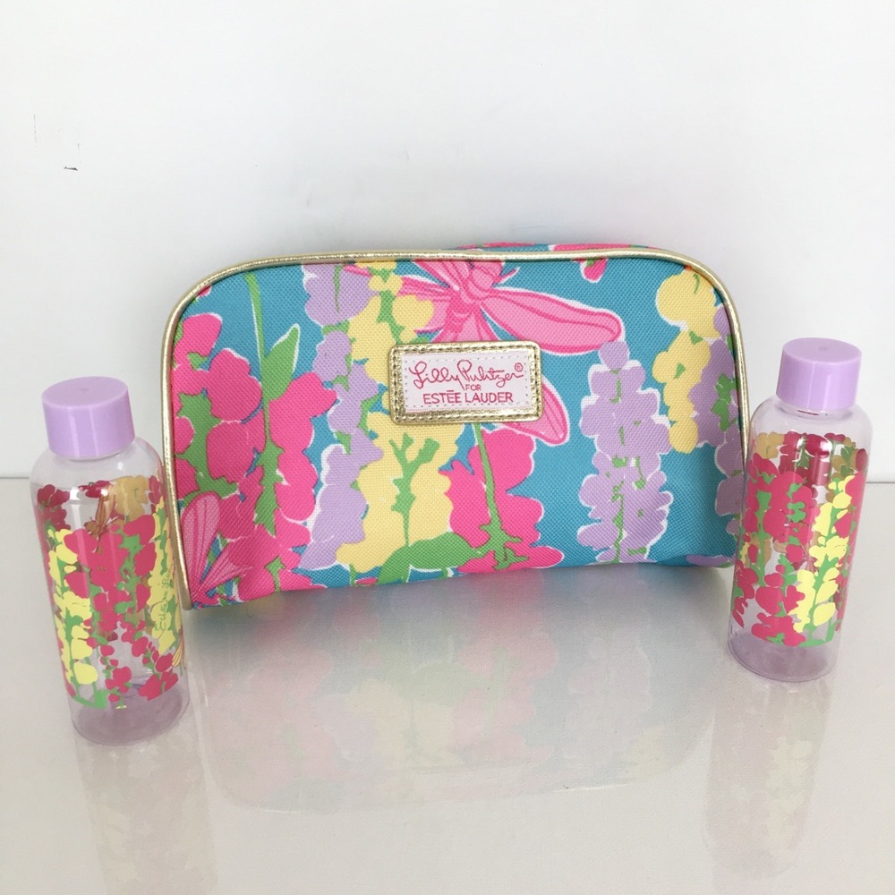 Lilly Pulitzer x Estée Lauder Makeup/Toiletry Cosmetic Bag Blue Pink Floral NEW